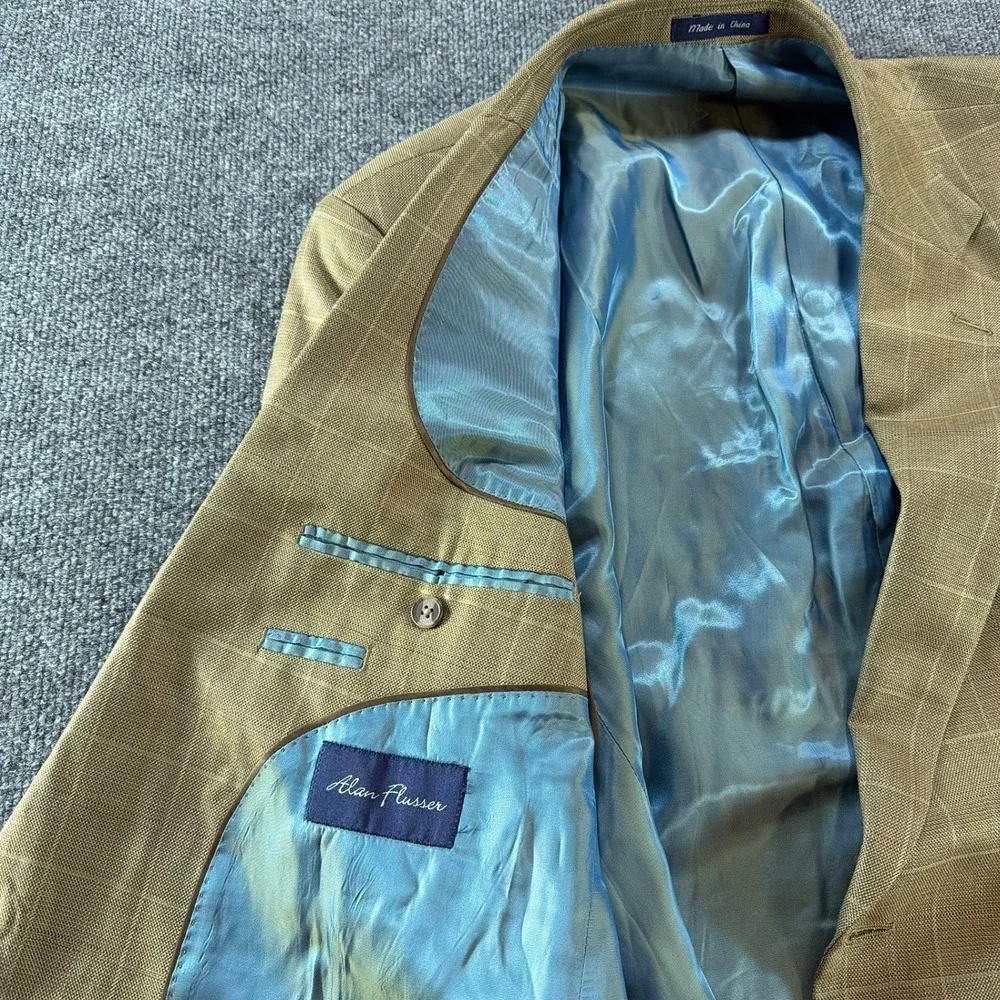 Alan Flusser Mens 46R Silk Wool Blazer Tan Windowpane Sport Coat Autumn Wedding